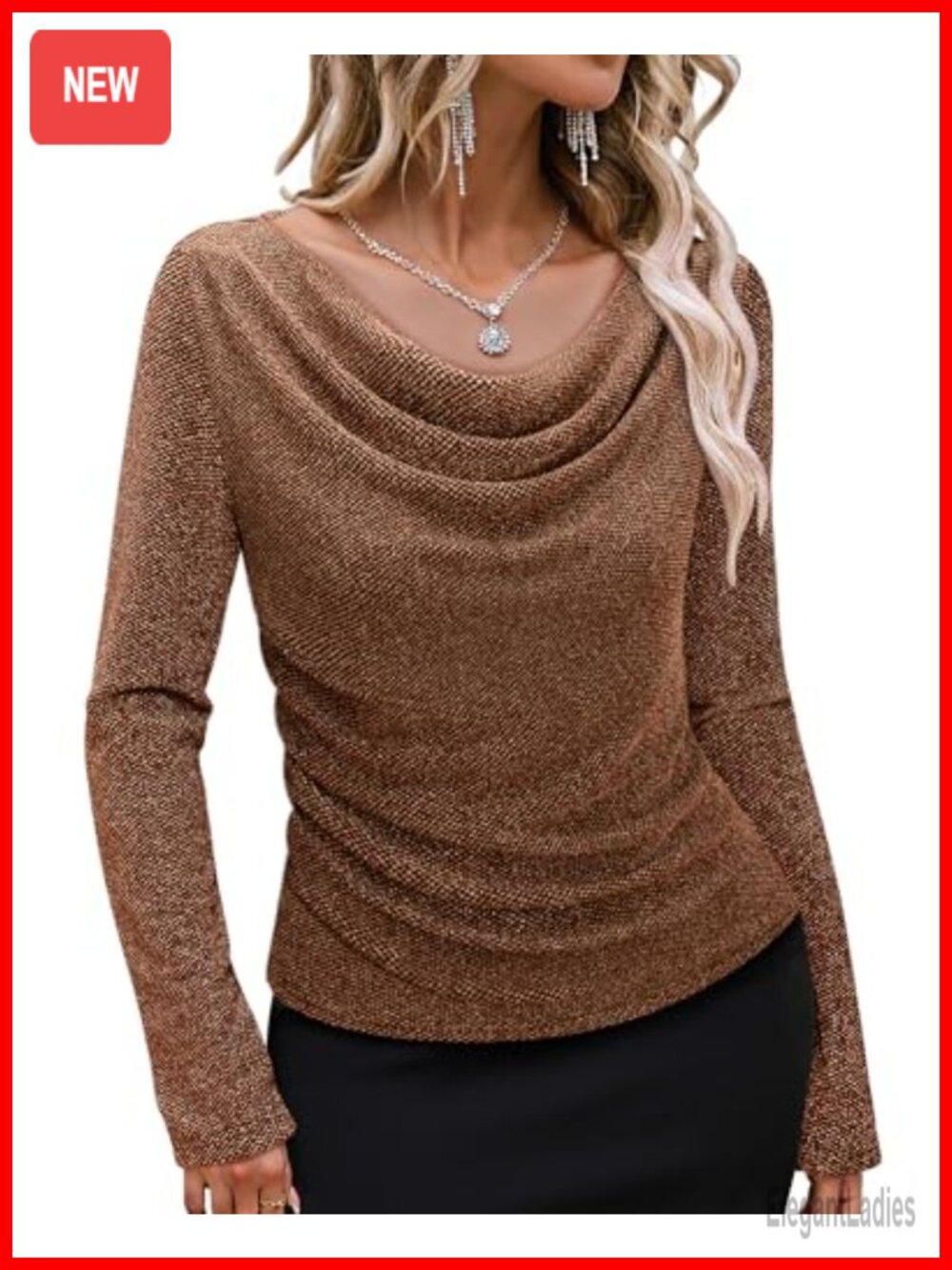 Women's Cowl Neck Long Sleeve Sequin Top Evening Party Slimming Blouse
